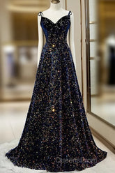 Dark Blue Sequin A Line Spaghetti Straps Bling Bling Evening Prom Dress
