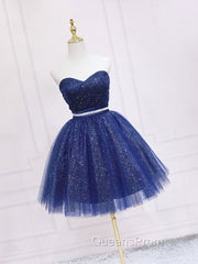 Dark Blue Sweetheart Neck Tulle Sequin Short Evening Prom Dress Blue Puffy Homecoming Dress