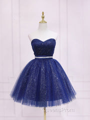 Dark Blue Sweetheart Neck Tulle Sequin Short Evening Prom Dress Blue Puffy Homecoming Dress
