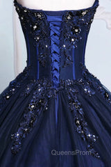 Dark Blue Tulle Lace Princess Dress, A-Line Strapless Long Evening Prom Dress