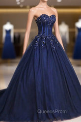 Dark Blue Tulle Lace Princess Dress, A-Line Strapless Long Evening Prom Dress