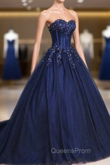 Dark Blue Tulle Lace Princess Dress, A-Line Strapless Long Evening Prom Dress