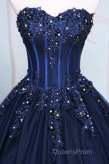Dark Blue Tulle Lace Princess Dress, Beautiful A-Line Strapless Long Evening Prom Dress
