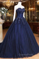 Dark Blue Tulle Lace Princess Dress, Beautiful A-Line Strapless Long Evening Prom Dress