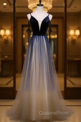 Dark blue tulle long Evening Prom Dress, blue evening Dress