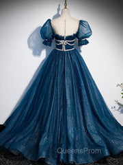 Dark Blue Tulle Long Evening Prom Dress, Blue Tulle Sweet 16 Dress