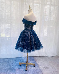 Dark Blue Tulle Off Shoulder Knee Length Party Dress, Blue Homecoming Dress