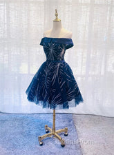 Dark Blue Tulle Off Shoulder Knee Length Party Dress, Blue Homecoming Dress