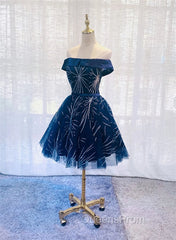 Dark Blue Tulle Off Shoulder Knee Length Party Dress, Blue Homecoming Dress