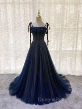Dark Blue Tulle Sequin Long Evening Prom Dress, Blue Tulle Evening Dress