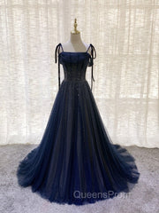 Dark Blue Tulle Sequin Long Evening Prom Dress, Blue Tulle Evening Dress