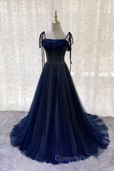 Dark Blue Tulle Sequin Long Evening Prom Dress, Dark Blue Evening Dress