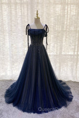 Dark Blue Tulle Sequin Long Evening Prom Dress, Dark Blue Evening Dress