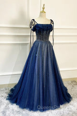 Dark Blue Tulle Sequin Long Evening Prom Dress A Line Birthday Party Dress