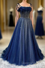 Dark Blue Tulle Sequin Long Evening Prom Dress A Line Birthday Party Dress