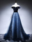 Dark Blue Tulle Velvet Long Classy Prom Dress, Blue Classy Evening Dress