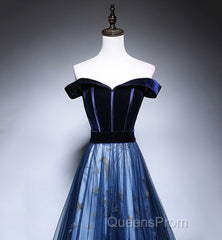 Dark Blue Tulle Velvet Long Evening Prom Dress, Blue Evening Dress