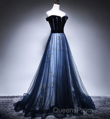 Dark Blue Tulle Velvet Long Evening Prom Dress, Blue Evening Dress