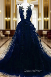 Dark Blue Tulle With Lace Long Evening Dress, A-line Dark Blue Evening Prom Dress
