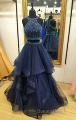 Dark Blue Two Pieces Beads Long Evening Prom Dress, Formal Dress
