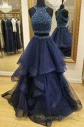 Dark Blue Two Pieces Beads Long Evening Prom Dress, Formal Dress