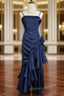 Dark Blue Vintage Floral Elegant Dress Asymmetrical Hem Evening Prom Gown