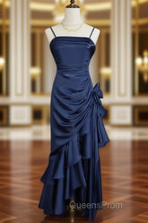 Dark Blue Vintage Floral Elegant Dress Asymmetrical Hem Evening Prom Gown