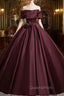 Dark Burgundy Satin Off the Shoulder Pleats Evening Prom Dress