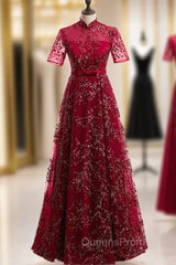 Dark Burgundy Tulle Sequins High Neck Short Sleeve Evening Prom Dress