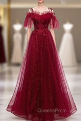 Dark Burgundy Tulle Spaghetti Straps Appliques Beading Evening Prom Dress
