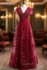Dark Burgundy Tulle V-neck Cap Sleeve Beading Evening Prom Dress