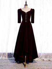 Dark Burgundy Velvet Short Sleeve Prom Dress