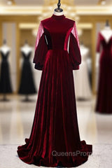 Dark Burgundy Velvet High Neck Long Sleeve Evening Prom Dress With Bow