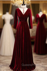 Dark Burgundy Velvet High Neck Long Sleeve Evening Prom Dress