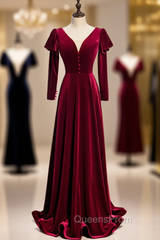 Dark Burgundy Velvet Long Sleeve V-neck Button Evening Prom Dress
