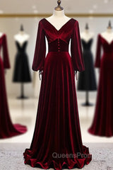 Dark Burgundy Velvet Long Sleeve V-neck Pleats Evening Prom Dress