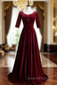 Dark Burgundy Velvet Short Sleeve Evening Prom Dress With Pearls