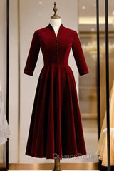Dark Burgundy Velvet Short Sleeve Short Evening Prom Dress With Bow