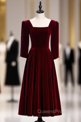 Dark Burgundy Velvet Square Half Sleeve Tea Length Evening Prom Dress