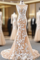 Dark Champagne Tulle Mermaid Lace Appliques Evening Prom Dress