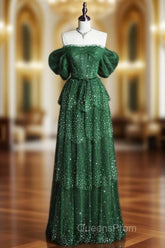 Dark Green A Line Off-the-shoulder Layered Shiny Tulle Evening Prom Dress