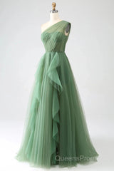 Dark Green A-Line One-Shoulder Sequins Tulle Long Evening Prom Dress