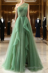 Dark Green A-Line One-Shoulder Sequins Tulle Long Evening Prom Dress