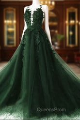 Dark Green A-Line Open Back Tulle Lace Floral Evening Dress, Green Long Evening Prom Dress
