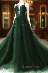 Dark Green A-Line Open Back Tulle Lace Floral Evening Dress, Green Long Evening Prom Dress