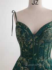 Dark Green A-Line Spaghetti Strap Satin Long Evening Prom Dress Sweetheart Neckline Retro Bridal Dress