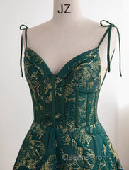 Dark Green A-Line Spaghetti Strap Satin Long Evening Prom Dress Sweetheart Neckline Retro Bridal Dress