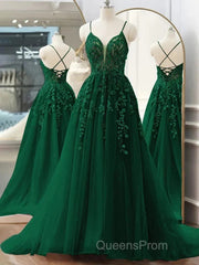 Dark Green A-Line Tulle Lace Long Evening Prom Dress V Neck Lace Formal Evening Dress