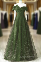 Dark Green and Black A-line Satin Long Party Dress, Simple Long Evening Prom Dress