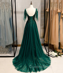 Dark Green Beaded Tulle Straps A-line Evening Dress, Green Evening Dress Evening Prom Dress